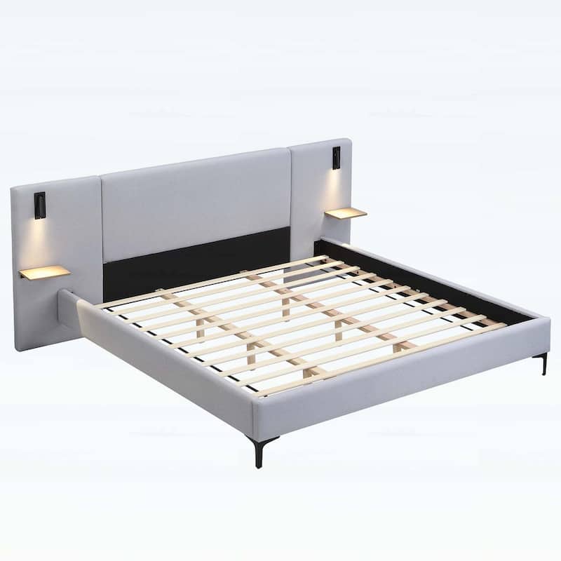 Modern Upholstered Bed with Integrated Lights and Shelves