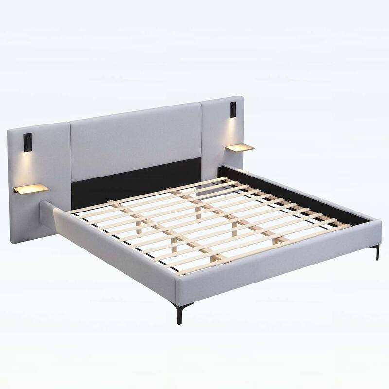 Stylish Design Linen Upholstered Bed with Integrated Lights and Shelves,for Modern and Rustic Interiors