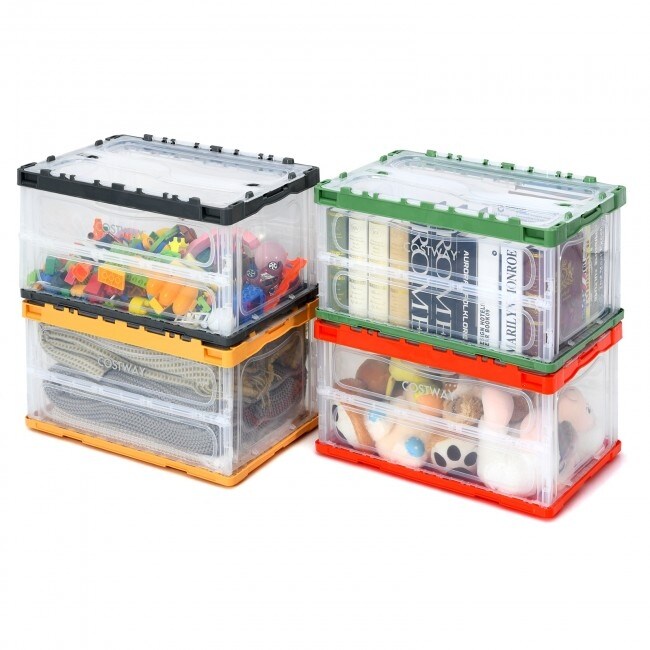 4 Pack Collapsible and Stackable Plastic Storage Bins with Attached Lid