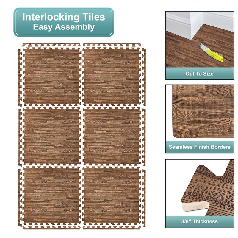 Sorbus 80 Sq. Ft. Wood Grain Floor Tiles Foam Mat EVA Interlocking Mats Tile 3/8-Inch Thick Flooring Wood Puzzle Exercise Mats