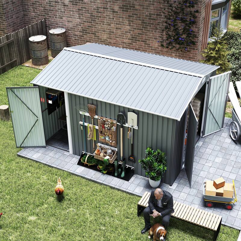 Outdoor Storage Shed 9×11 FT with 3 Lockable Doors,Utility Tool Shed Metal Storage Garden Sheds 4 Vents,Metal Sheds