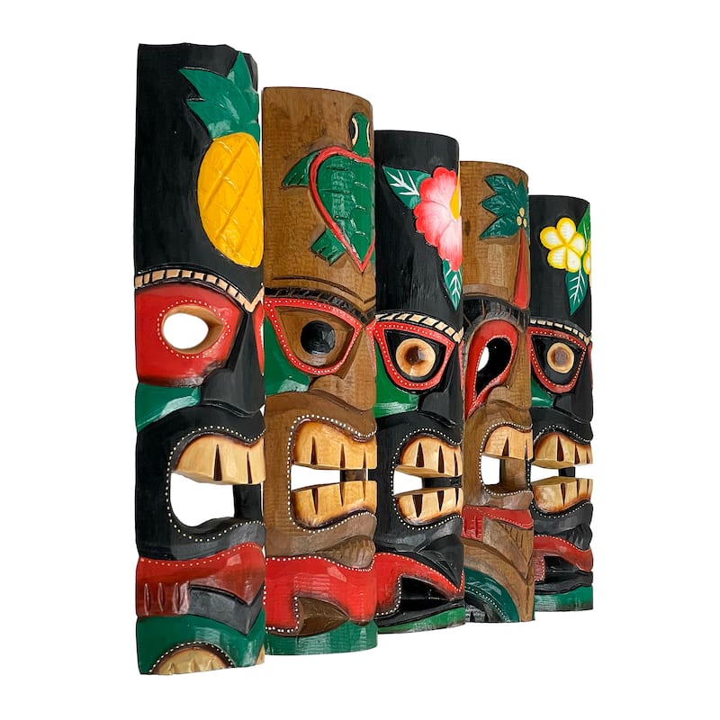 Zeckos Carved Wood Polynesian Tiki Wall Decor Masks 20 Inch (Set Of 5)