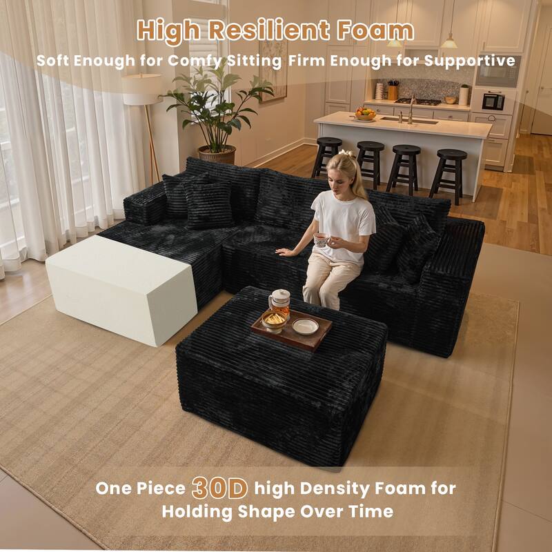 HOOOWOOO Modern Plush Corduroy L-shaped Sofa Chaise Lounge with Ottoman