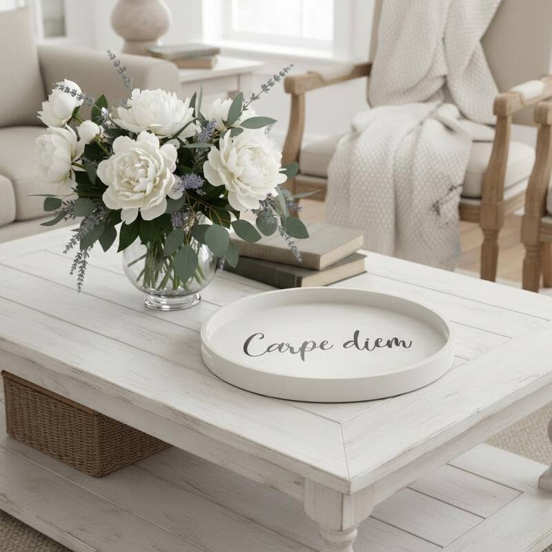 HomeRoots 14" Gray And Black Carpe Diem Round Serving Tray With Handles - 13.75 in. x 1.65 in. x 13.75 in. - Black/Gray - 13.75 in. x 1.65 in. x 13.75 in.