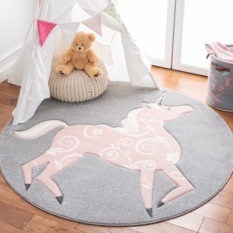SAFAVIEH, Carousel Kids Mareke Unicorn Rug - 5'3" Round - Grey/Pink