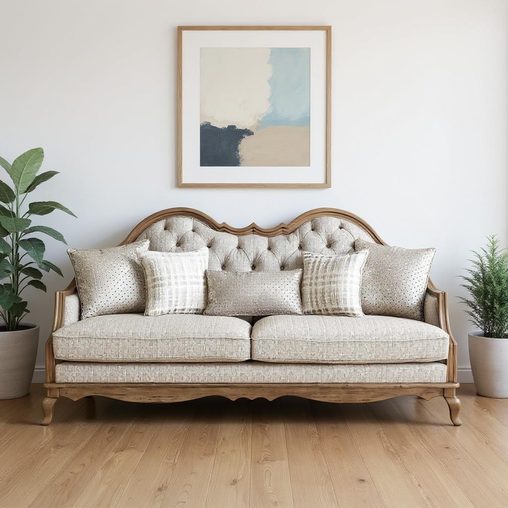 HomeRoots 86" Brown And Beige Upholstered Solid Wood Sofa With Toss Pillows