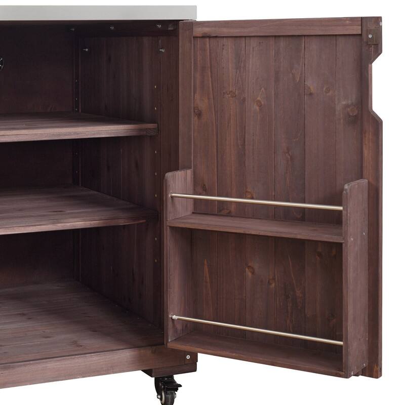 75.4" Rolling Outdoor Kitchen Island with Stainless Steel Top, Premium Solid Wood Grill Cart with Sink and Wheels for Outdoor