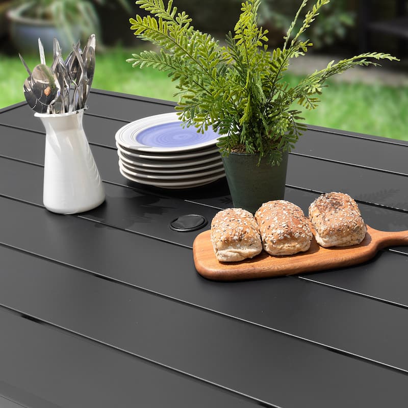 Outdoor Rectangle Powder-coated Iron Dining Table with Umbrella Hole