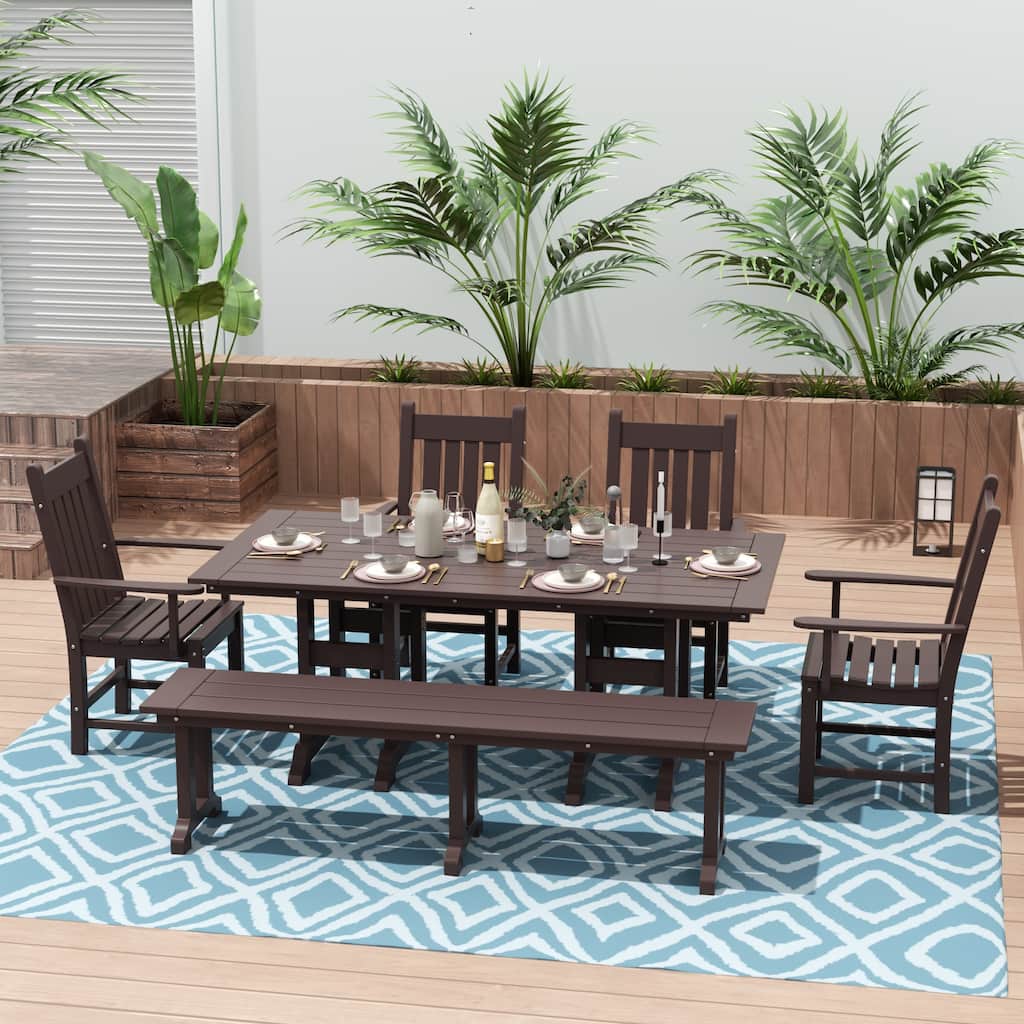 Laguna Hdpe All Weather Outdoor Patio Dining Set with Rectangle Table, Arm Chairs and Bench (6-Piece Set)