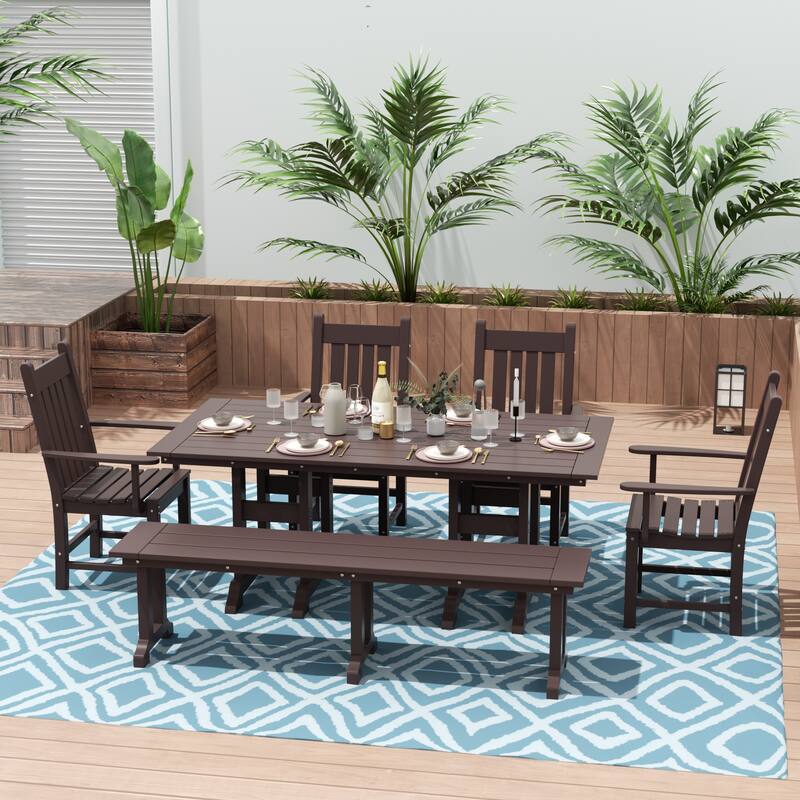 Laguna Hdpe All Weather Outdoor Patio Dining Set with Rectangle Table, Arm Chairs and Bench (6-Piece Set) - Dark Brown