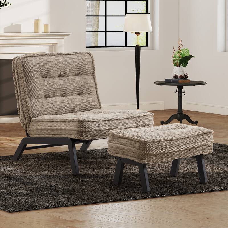 Upholstered Accent Chair with Ottoman, Armless Lounge Chair for Bedroom and Living Room, Comfortable Padded Seat with Wood Legs - Khaki
