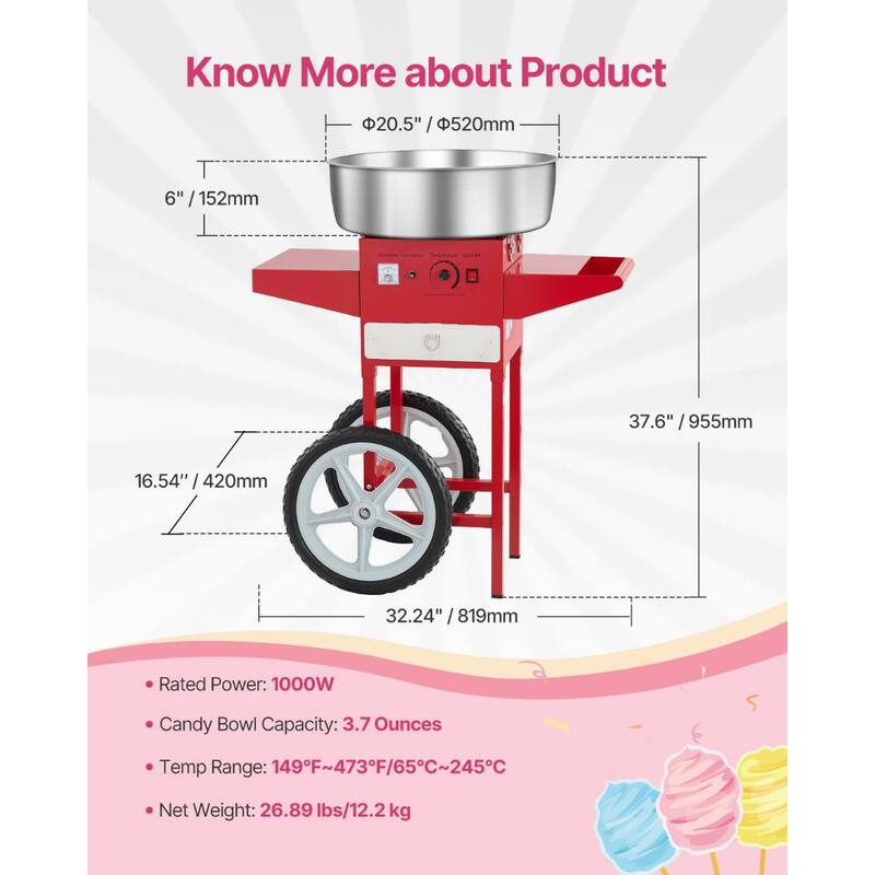Stainless Steel 1000W Commercial Cotton Candy Machine with Temp Control - 32.24x20.47x37.6 inch