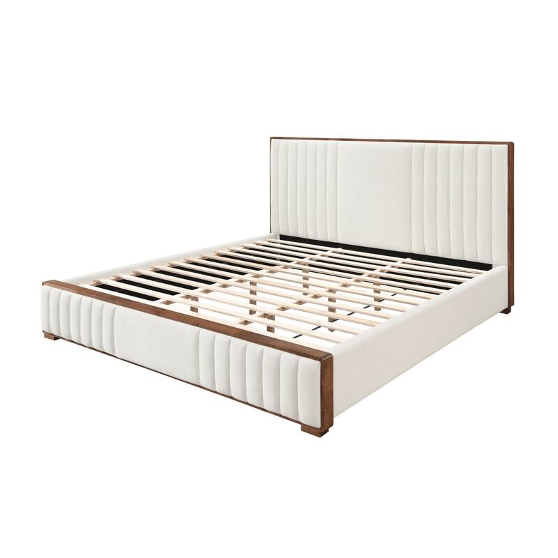 GDFStudio Upholstered Beige Chenille and Walnut Finish Platform Bed