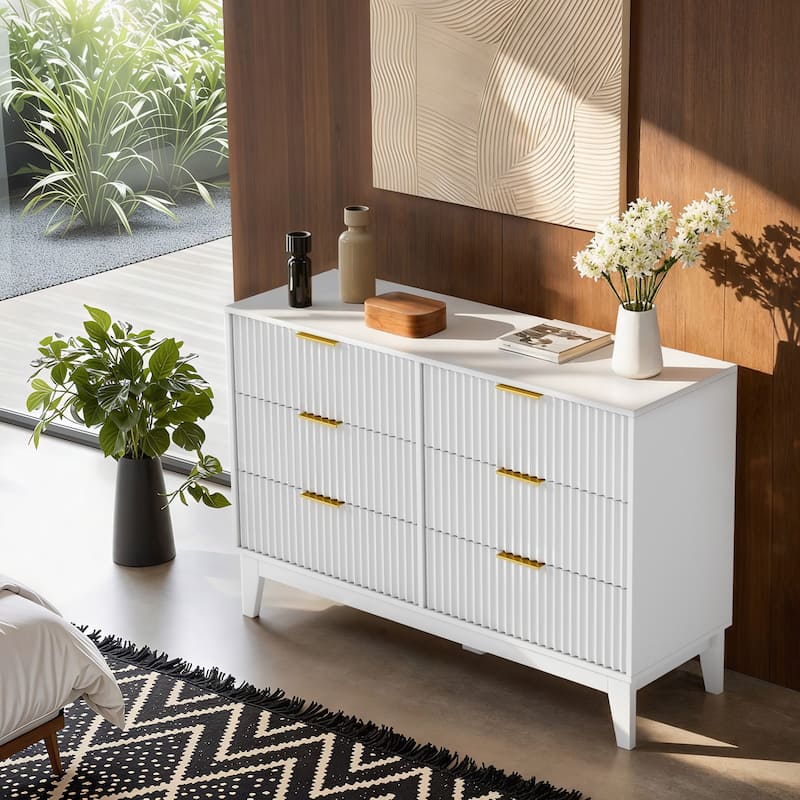 EROMMY Fluted Dresser 6 Drawer Mid Century Modern Dresser Wide Chest of Drawers with Metal Handles for Bedroom Living Room