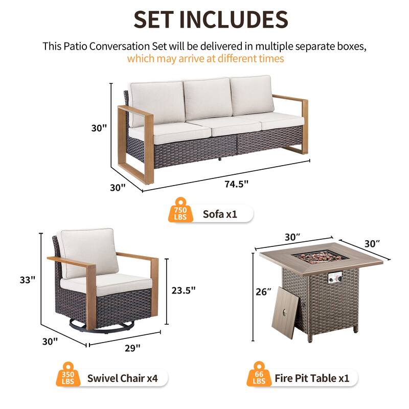 Pocassy 4/6/8PCS Sofa Swivel Chair with Fire Pit Table Set