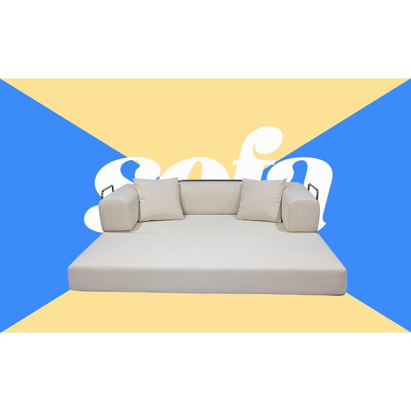 Beige Corduroy and Foam Double Sofa Bed with High - Elasticity Sponge and Soft Pillows