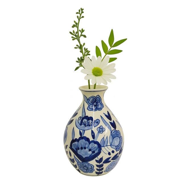 Home&Manor Ceramic Bottle Vase White/Blue