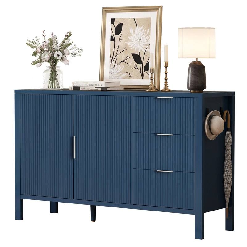Modern Fluted 2-Door Sideboard with 3 Storage Drawers and Adjustable Hooks for Living Room,Entryway,Hallway