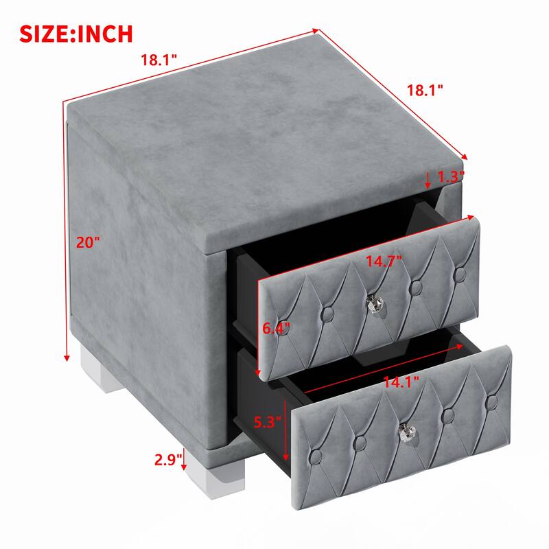 Elegant Velvet Nightstand with 2 Drawers and Crystal Handle, Grey