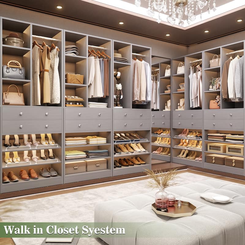 27.7'' Closet Organizer with Shoe Racks and Drawers, Closet System with Hanging Rod and Adjustable Shelves