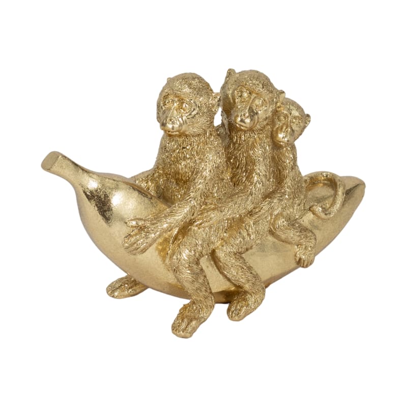 Sagebrook Home Polyresin Golden Three Monkeys on Banana Figurine - 8" x 3" x 5"