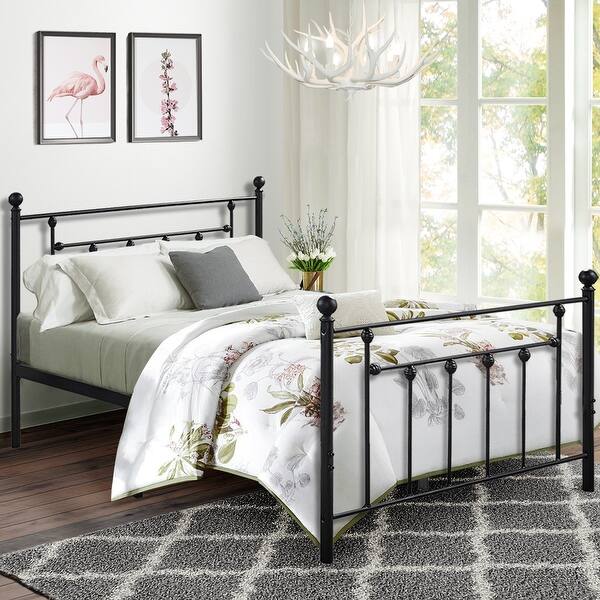 Twin Size Bed Frame VECELO Metal Platform Mattress Foundation Box Spring Replacement with Headboard Victorian Style 