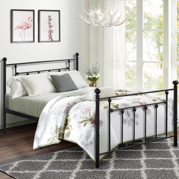Twin Size Bed Frame VECELO Metal Platform Mattress Foundation Box Spring Replacement with Headboard Victorian Style Twin Size Bed Frame VECELO Metal Platform Mattress Foundation Box Spring Replacement with Headboard Victorian Style