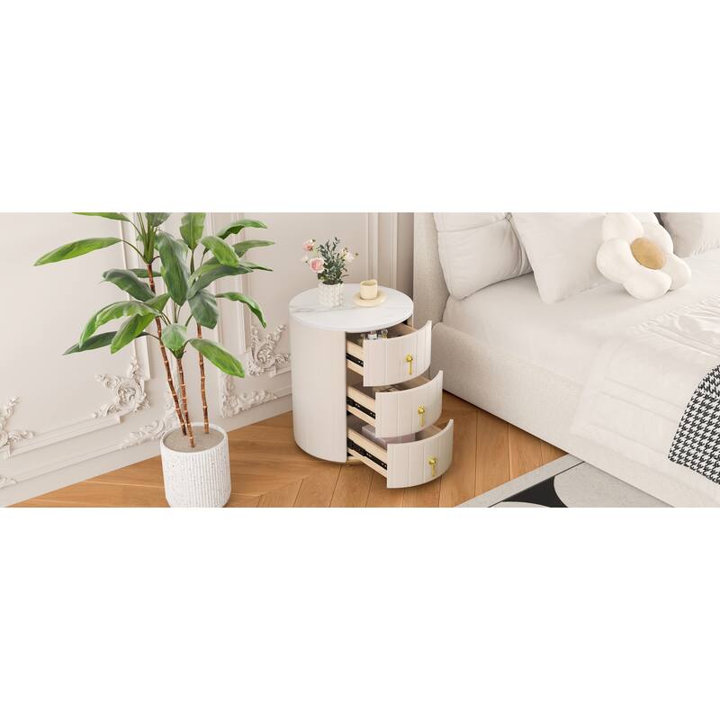 Upholstered 3-Drawer Nightstand - Round Marbling Top Bedside Table (Fully Assembled Except Handles, Beige)