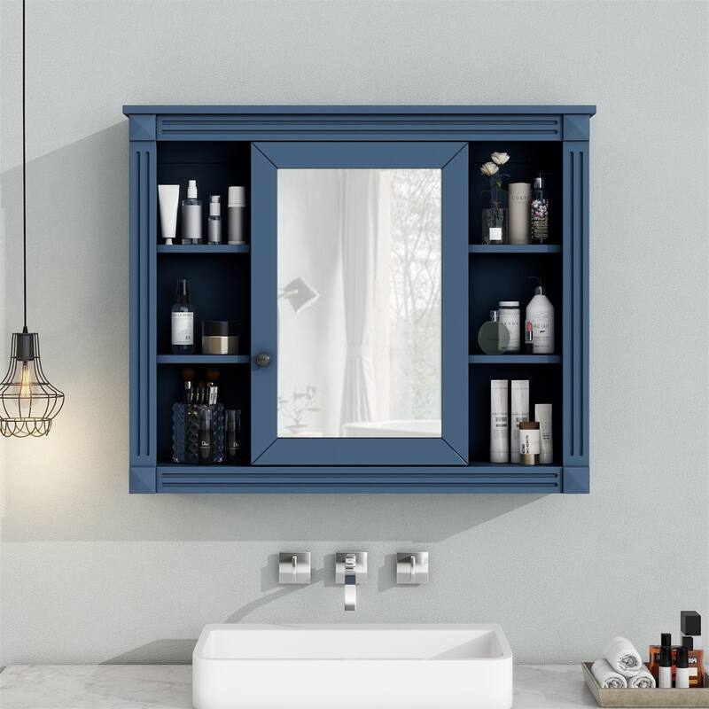 Merax Modern Bathroom Wall Cabinet with Mirror - Blue