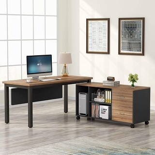 L-Shaped Computer Desk, 55 Inches Executive Desk with File Cabinet ...
