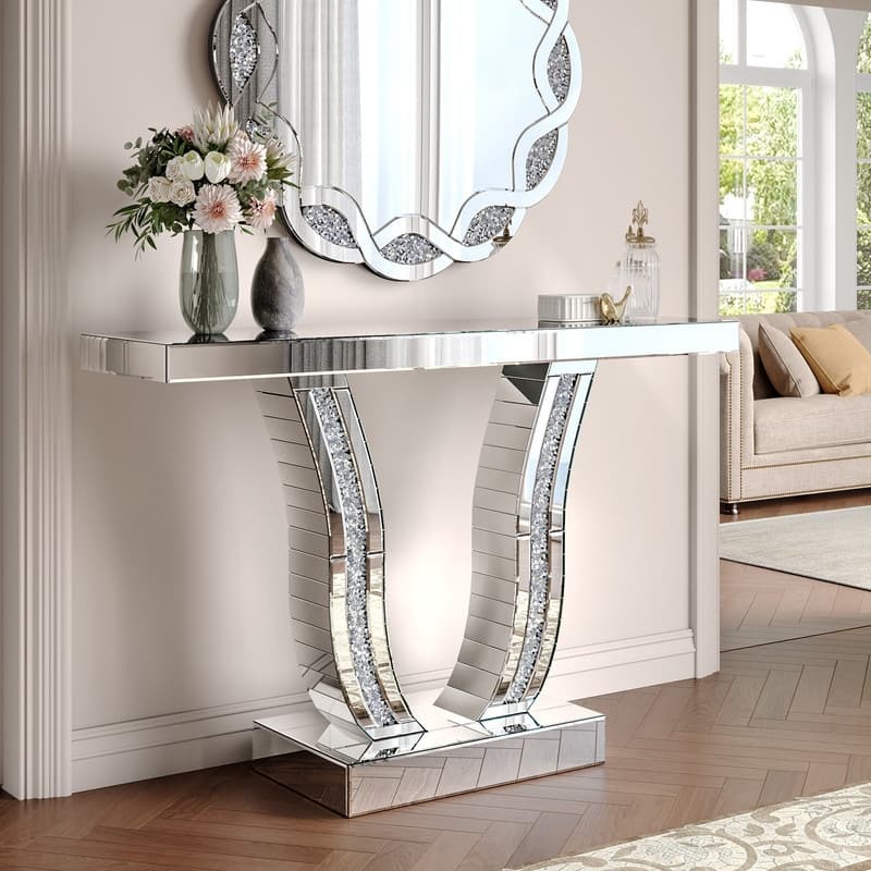 Mirrored 43" Silver Console Table, Entryway Sofa Table With Curved Legs