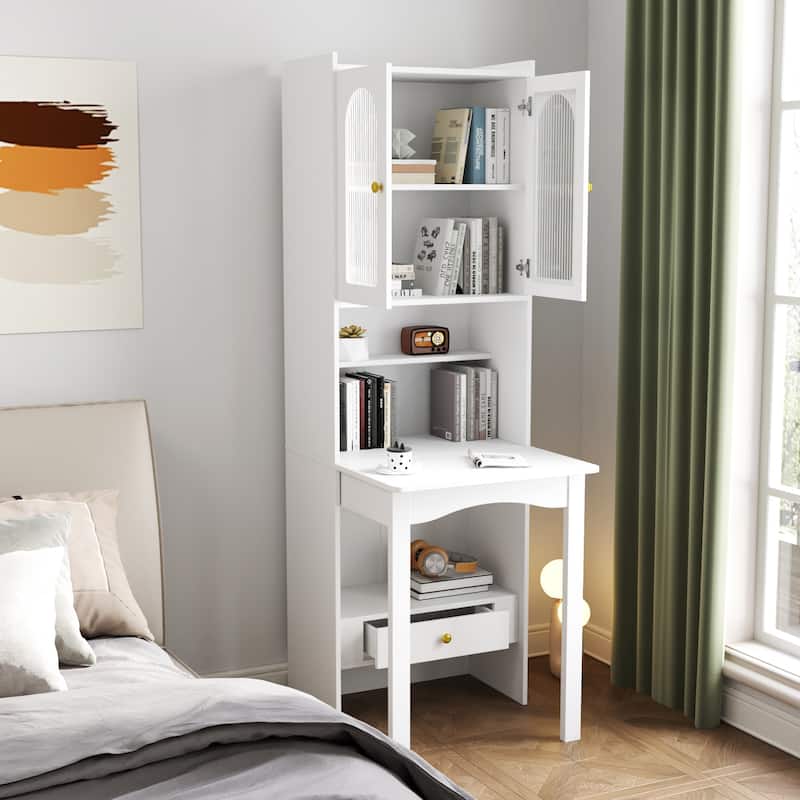 Fold-Out Convertible Writing Table, Desk Cabinet with shelf and drawer Multi-Function Home Office Workstation