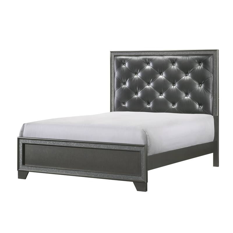 Queen Size Panel Bed with Dark Gray Shimmering Finish and Tufted Upholstery - Dark Gray