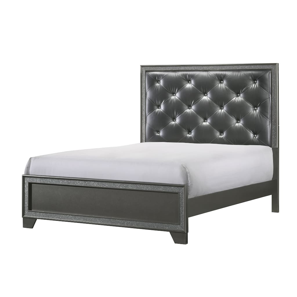 Queen Size Panel Bed with Dark Gray Shimmering Finish and Tufted Upholstery