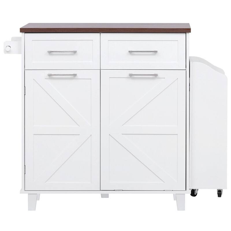 47.2" Rolling Kitchen Island on 5 Wheels with Drop Leaf, Kitchen Island with 2 Drawers, Trash Can Storage