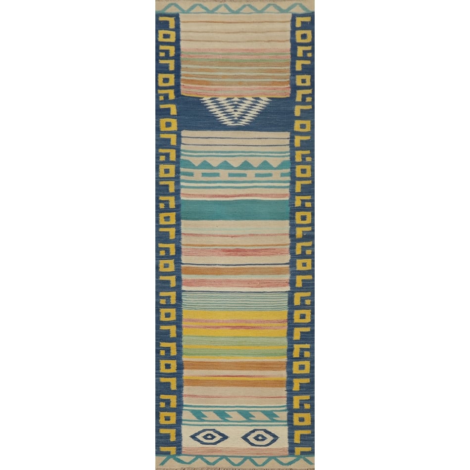 Hand Woven Oriental 100% Wool Carpet Southwestern Tribal Multi-Colored Kilim Runner Rug - 7' 6'' X 2' 1''