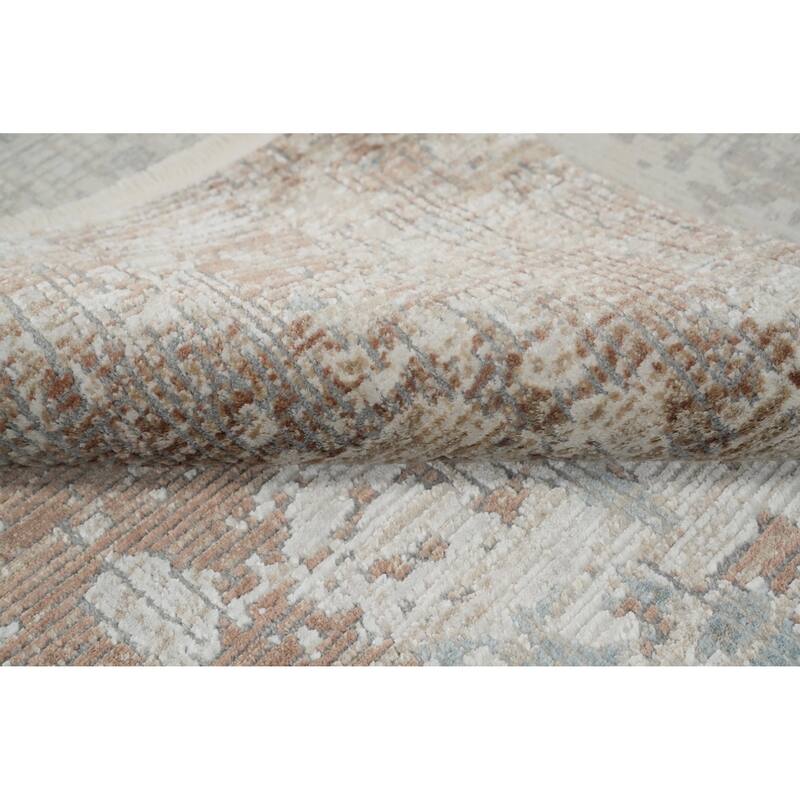 Machine Made Oriental Polyester Carpet Abstract Beige & Ivories Distressed Area Rug - 7' 5'' X 5' 2''