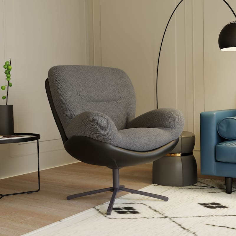 Chenille & Faux Leather Swivel Accent Chair,Comfy 360°Swiveling Lounge Chair with Black Metal Base - Black,Dark Gray