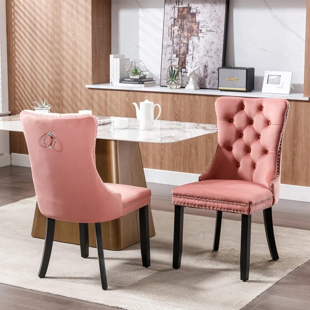 Set of 2 Hollywood Glam Velvet Dining Chairs – Tufted Back with Nailhead Trim and Ring Pull, Modern Accent Side Chairs
