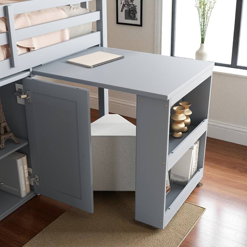 Twin Loft Bed with Pull-Out Desk, Storage Cabinets & Drawers, Rubber Wood, Guardrail & Ladder, Gray