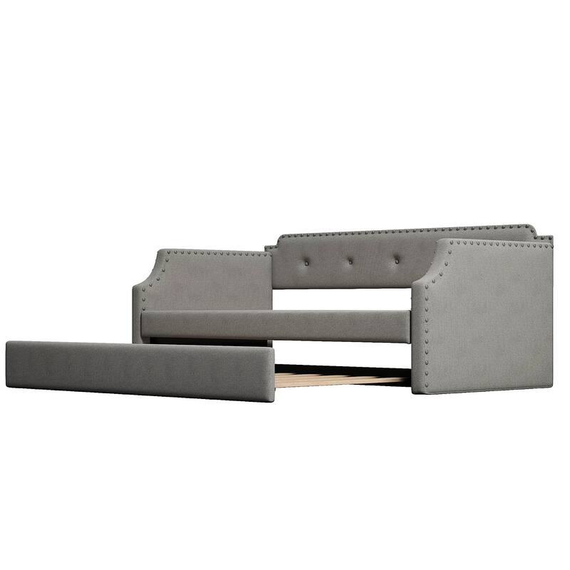 Modern Upholstered Daybed with Trundle, Twin Size Daybed Frame with Linen Button Back and Wood Slat Support for Bedroom