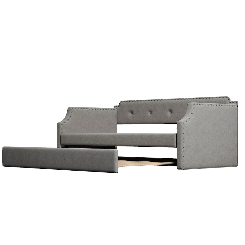 Upholstered Daybed with Trundle, Wood Slat Support,Upholstered Frame Sofa Bed, Twin