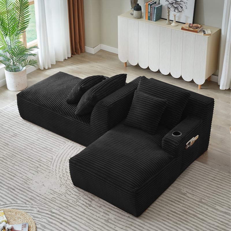 Compressible Double Chaise Lounge With Cupholders - No Assembly Required, Fluffy Modern Sleeper Loveseat