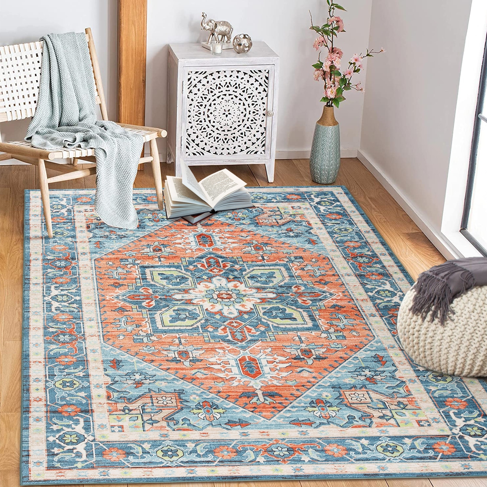 Garvee Vintage Medallion Distressed Floral Area Rug Carpet - Bed