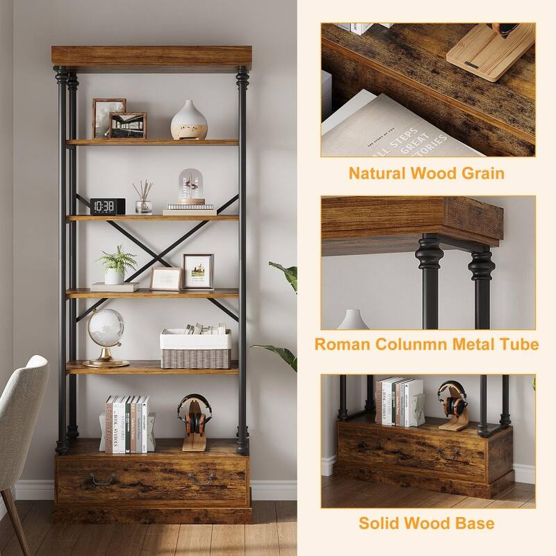 5-Tier Rustic Bookshelf with Metal Frame & Storage Drawer Open Bookcase