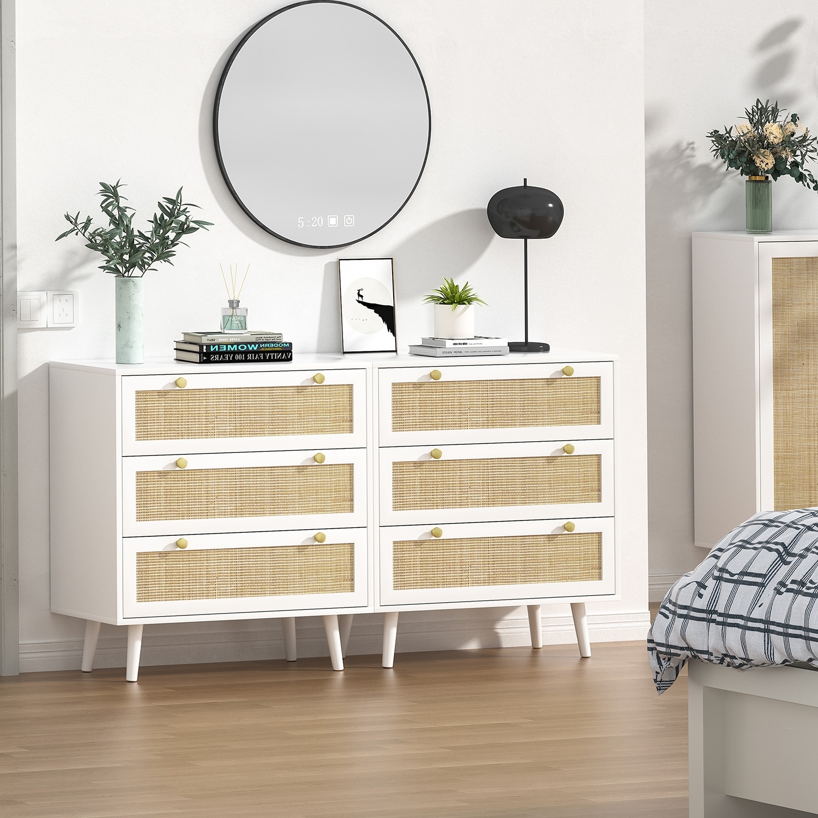Anmytek Mid-Century Modern 3-Drawer White Dresser Rattan Chest of 