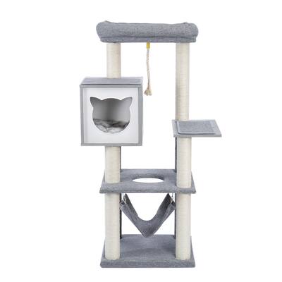 52 Inches Multi-Level Wooden Cat Tree Tower with Hammock, Scratching Posts, and Condo