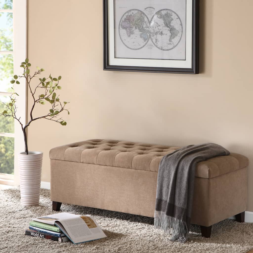 Roomfitters Tufted Top Upholstered Storage Bench, Soft Close End of Bed Ottoman Trunk with Espresso Wood Legs