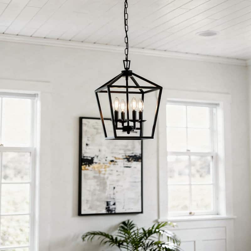 4-Light Metal Open Cage Lantern Chandelier - 12"x12"x18" - Black
