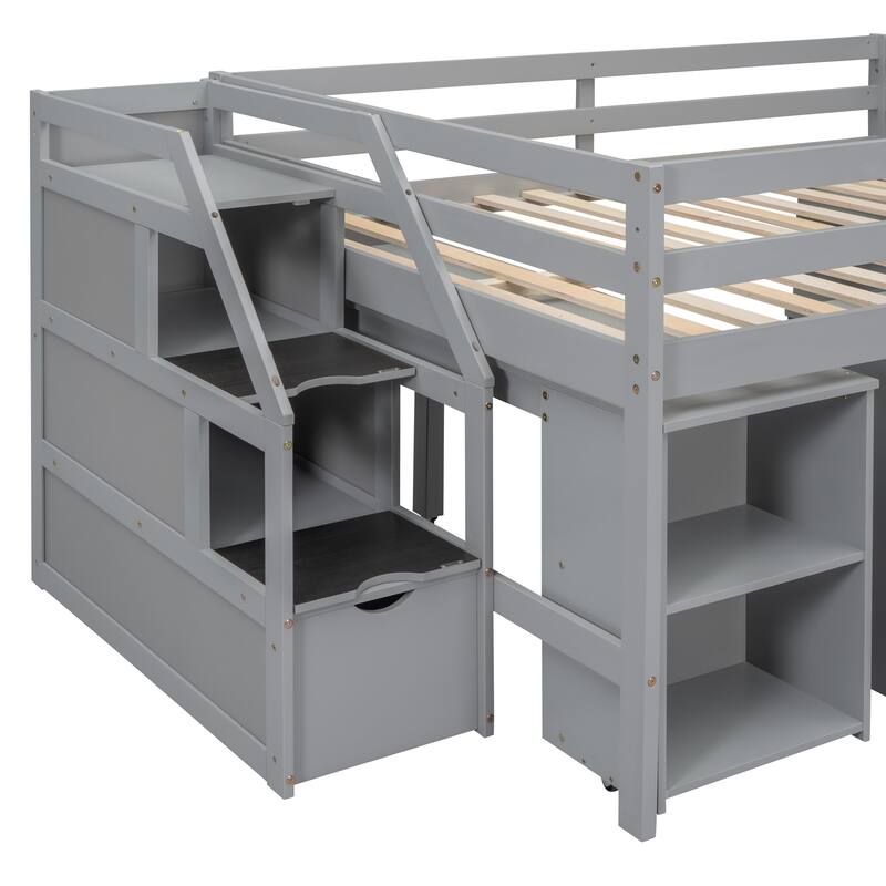 Space-Saving Full Loft Bed with Desk, Storage Stairs